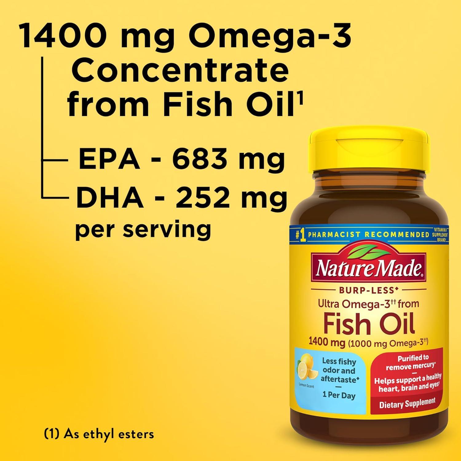 imageNature Made Extra Strength Omega 3 Fish Oil Supplements 1400mg Fish Oil Omega 3 Supplements as Ethyl Esters for Healthy Heart Brain Eyes Mood Support 45 Softgels 45 Day Supply45 Count Pack of 1