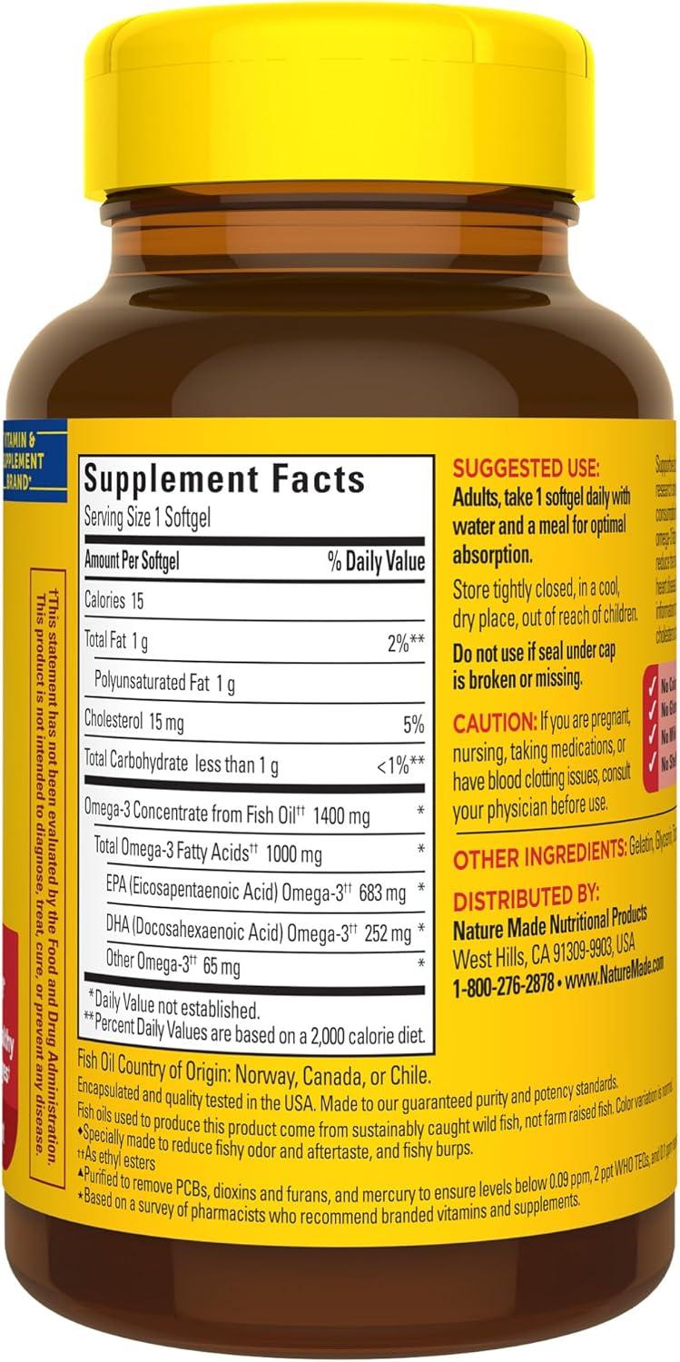 imageNature Made Extra Strength Omega 3 Fish Oil Supplements 1400mg Fish Oil Omega 3 Supplements as Ethyl Esters for Healthy Heart Brain Eyes Mood Support 45 Softgels 45 Day Supply45 Count Pack of 1