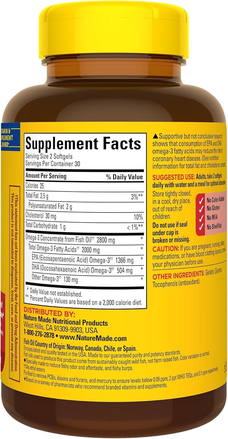 imageNature Made Extra Strength Omega 3 Fish Oil Supplements 2800mg Fish Oil Omega 3 Supplements as Ethyl Esters for Healthy Heart Brain Eyes Mood Support 60 Softgels 30 Day Supply
