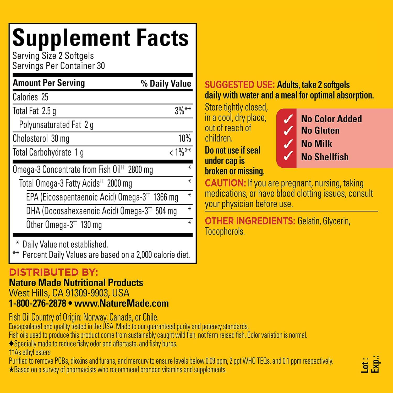 imageNature Made Extra Strength Omega 3 Fish Oil Supplements 2800mg Fish Oil Omega 3 Supplements as Ethyl Esters for Healthy Heart Brain Eyes Mood Support 60 Softgels 30 Day Supply