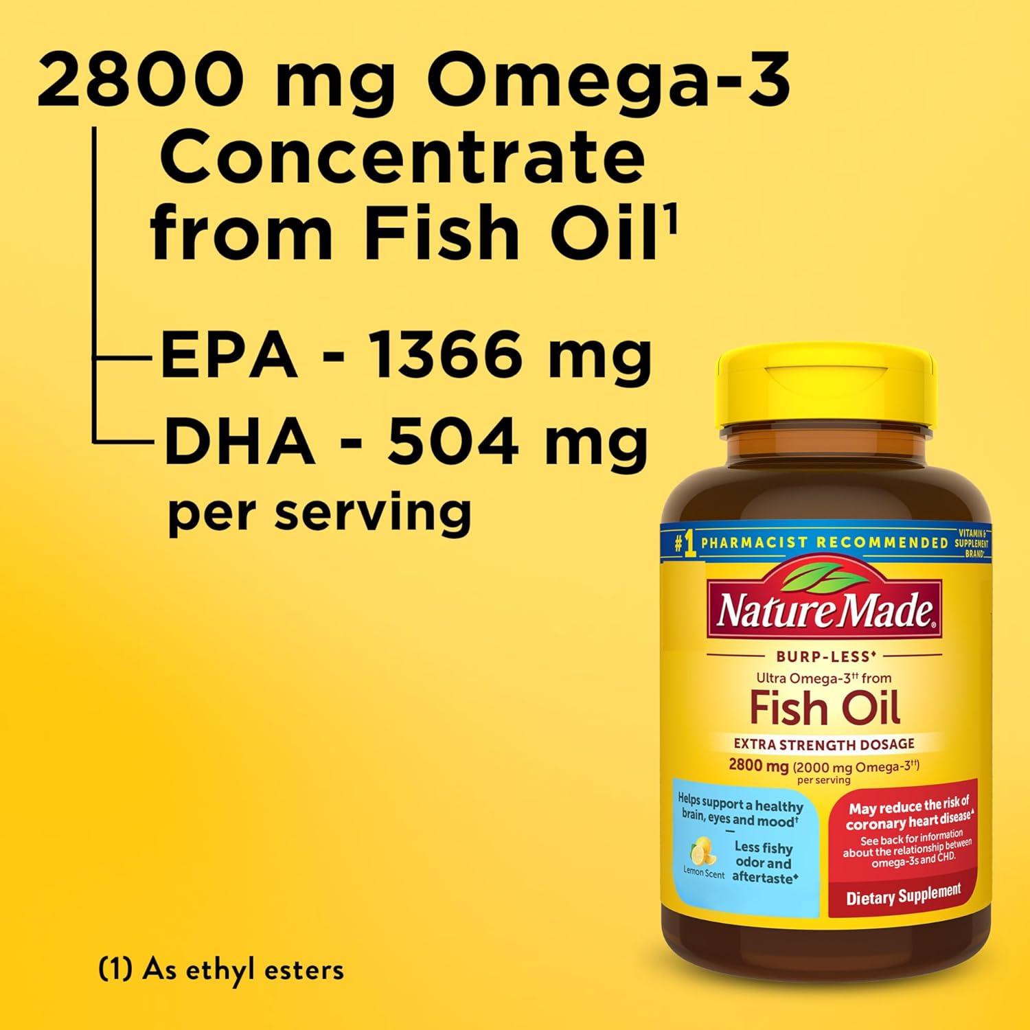 imageNature Made Extra Strength Omega 3 Fish Oil Supplements 2800mg Fish Oil Omega 3 Supplements as Ethyl Esters for Healthy Heart Brain Eyes Mood Support 60 Softgels 30 Day Supply