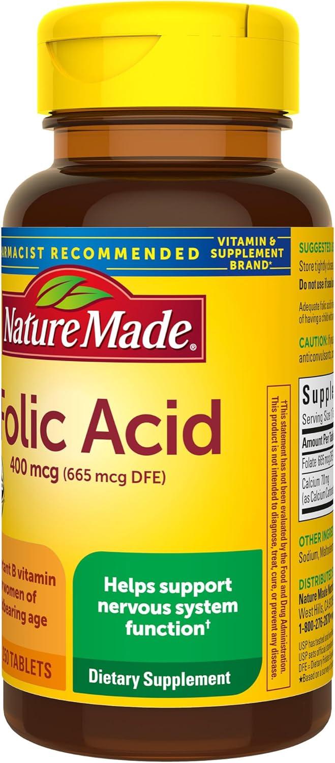 imageNature Made Folic Acid 400 mcg 665 mcg DFE Dietary Supplement for Nervous System Function Folic Acid Supplements for Women and Men 250 Tablets 250 Day Supply250 Count Pack of 1