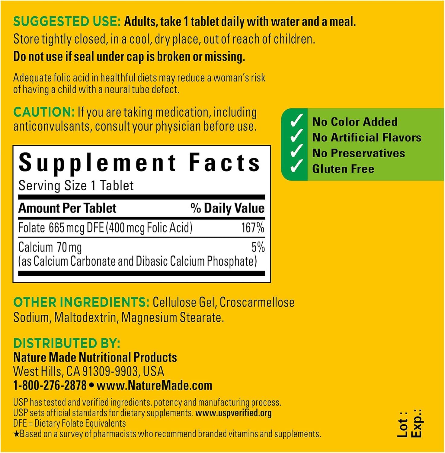 imageNature Made Folic Acid 400 mcg 665 mcg DFE Dietary Supplement for Nervous System Function Folic Acid Supplements for Women and Men 250 Tablets 250 Day Supply250 Count Pack of 1