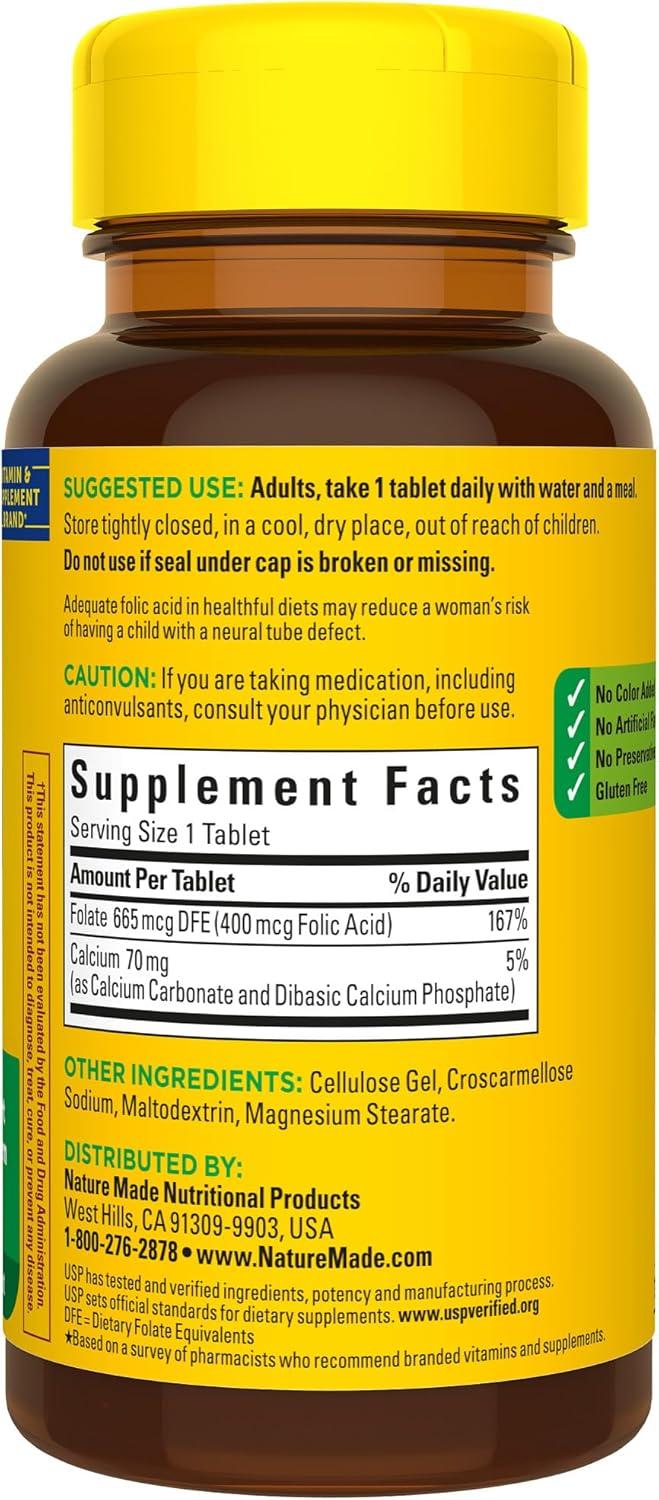 imageNature Made Folic Acid 400 mcg 665 mcg DFE Dietary Supplement for Nervous System Function Folic Acid Supplements for Women and Men 250 Tablets 250 Day Supply250 Count Pack of 1