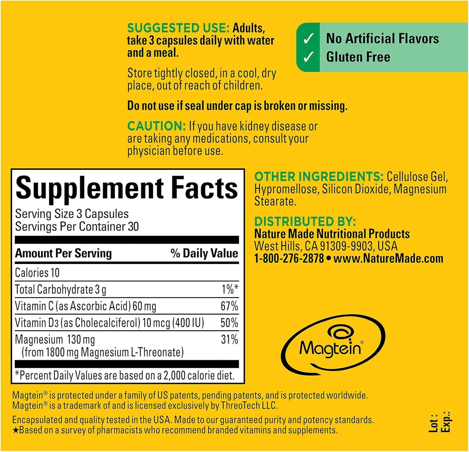 imageNature Made Magnesium LThreonate with Vitamin C amp Vitamin D3 Provides 130 mg of Mag from 1800 mg Magnesium L Threonate Cognitive Support Magnesium Supplement 90 Capsules 30 Day Supply90 Count Pack of 1