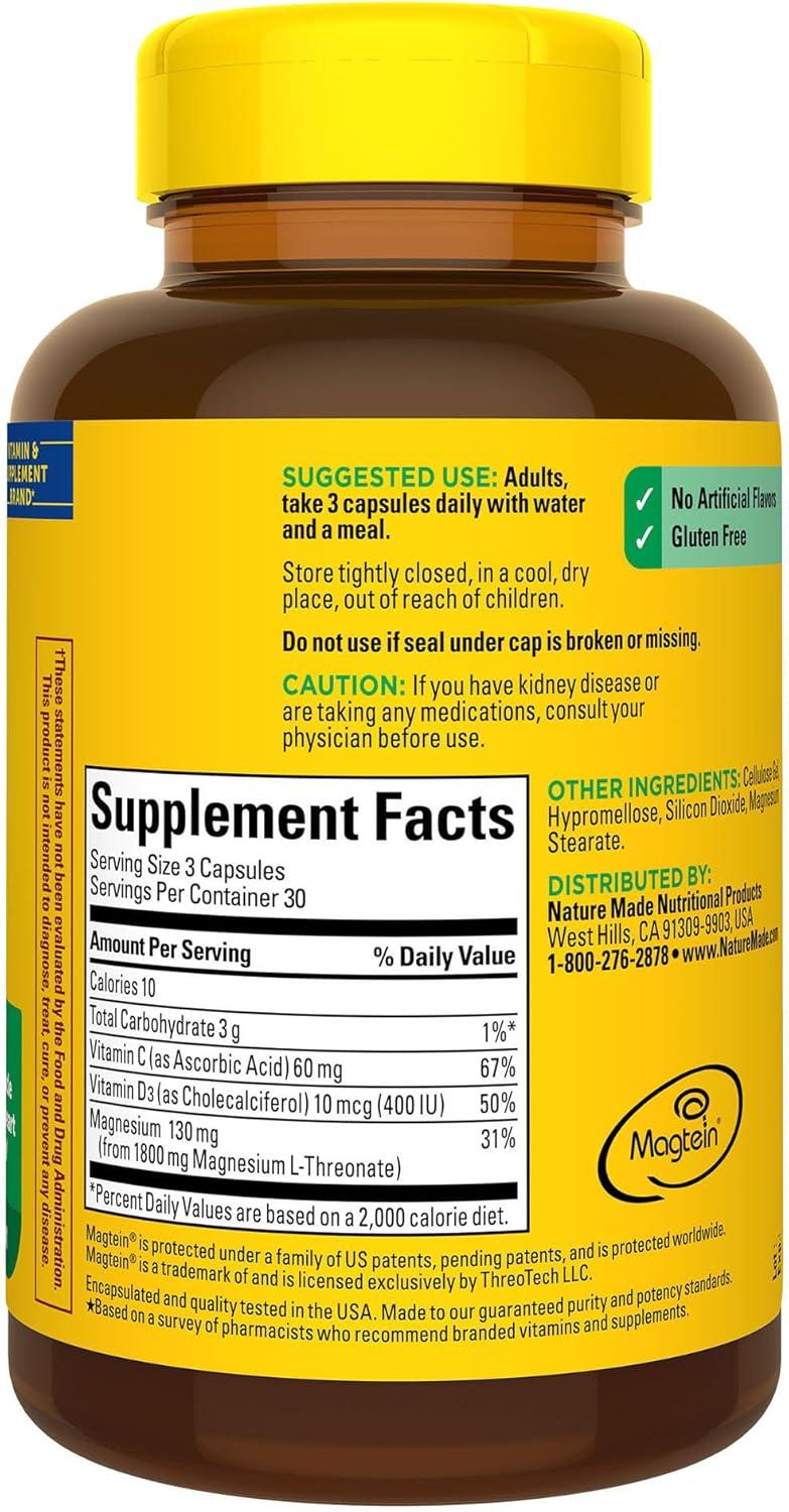 imageNature Made Magnesium LThreonate with Vitamin C amp Vitamin D3 Provides 130 mg of Mag from 1800 mg Magnesium L Threonate Cognitive Support Magnesium Supplement 90 Capsules 30 Day Supply90 Count Pack of 1