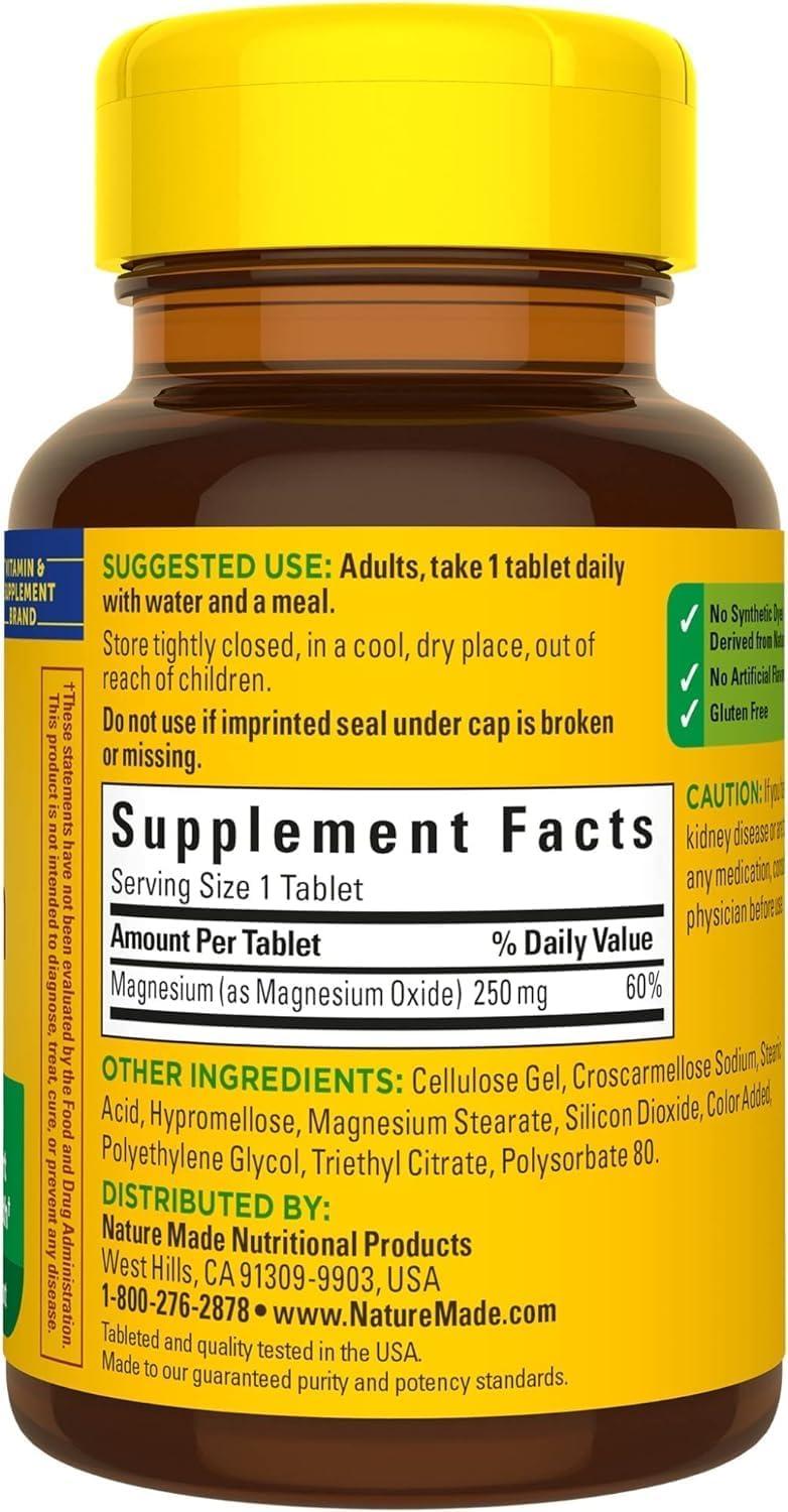 imageNature Made Magnesium Oxide 250 mg Magnesium Supplements for Men and Women Support for Muscle Heart Bone and Nerve Health 100 Tablets 100 Day Supply100 Count Pack of 2