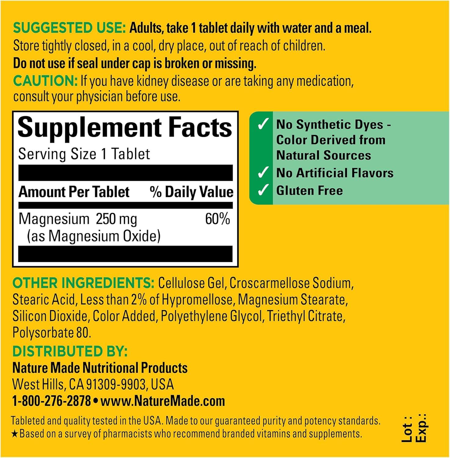 imageNature Made Magnesium Oxide 250 mg Magnesium Supplements for Men and Women Support for Muscle Heart Bone and Nerve Health 100 Tablets 100 Day Supply100 Count Pack of 1