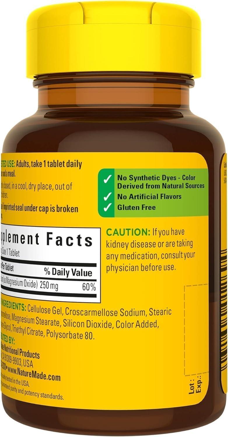 imageNature Made Magnesium Oxide 250 mg Magnesium Supplements for Men and Women Support for Muscle Heart Bone and Nerve Health 100 Tablets 100 Day Supply100 Count Pack of 2