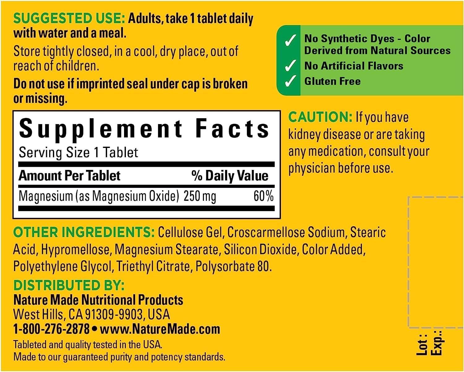 imageNature Made Magnesium Oxide 250 mg Magnesium Supplements for Men and Women Support for Muscle Heart Bone and Nerve Health 100 Tablets 100 Day Supply100 Count Pack of 2