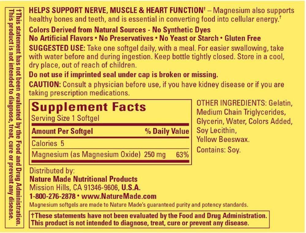imageNature Made Magnesium Oxide 250 mg Magnesium Supplements for Men and Women Support for Muscle Heart Bone and Nerve Health 200 Tablets 200 Day Supply90 Count Pack of 2
