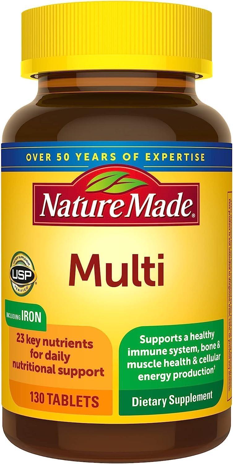 imageNature Made Multivitamin Tablets with Vitamin D3 and Iron 130 Count for Daily Nutritional SupportUnflavored
