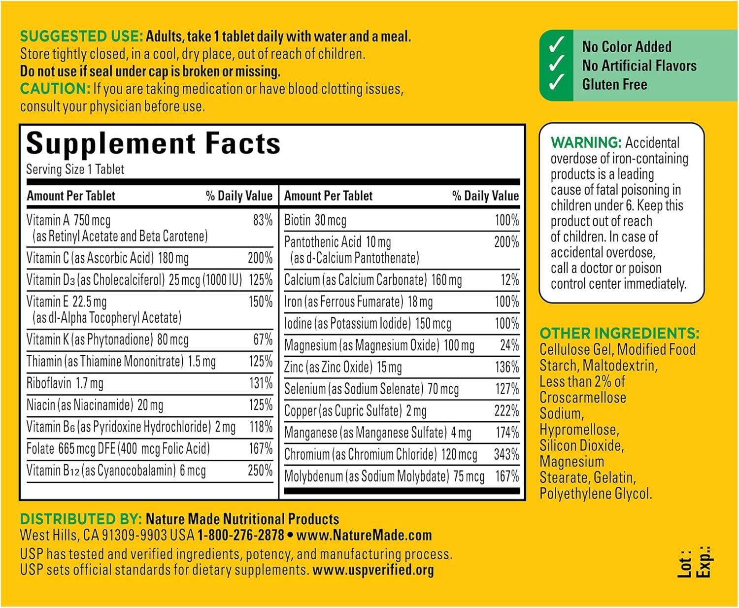 imageNature Made Multivitamin Tablets with Vitamin D3 and Iron 130 Count for Daily Nutritional SupportUnflavored