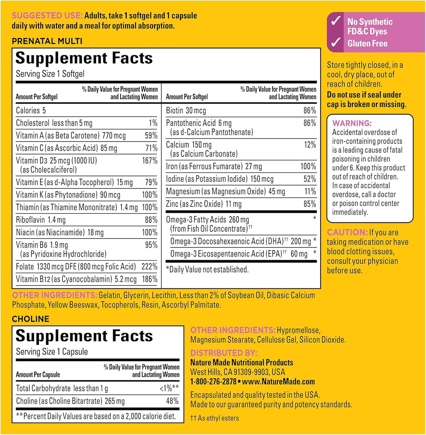 imageNature Made Prenatal Vitamin Softgels Choline Capsules Folic Acid DHA Choline 60 Prenatal Vitamins for Women 60 Choline Supplements Capsules 60 Day Supply