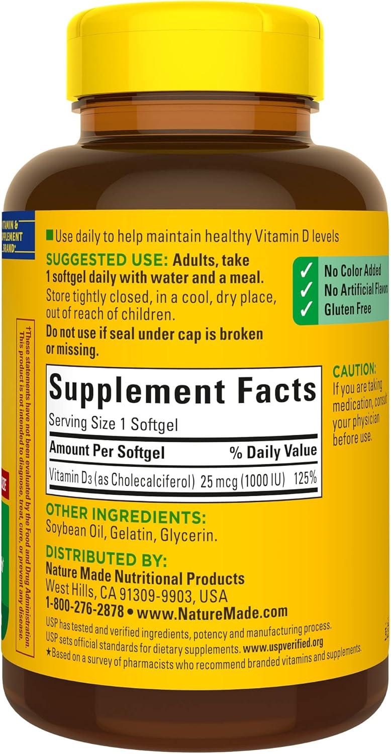 imageNature Made Vitamin D3 1000 IU 25 mcg Vitamin D Supplement for Bone Teeth Muscle and Immune Health Support 300 Softgels 300 Day Supply