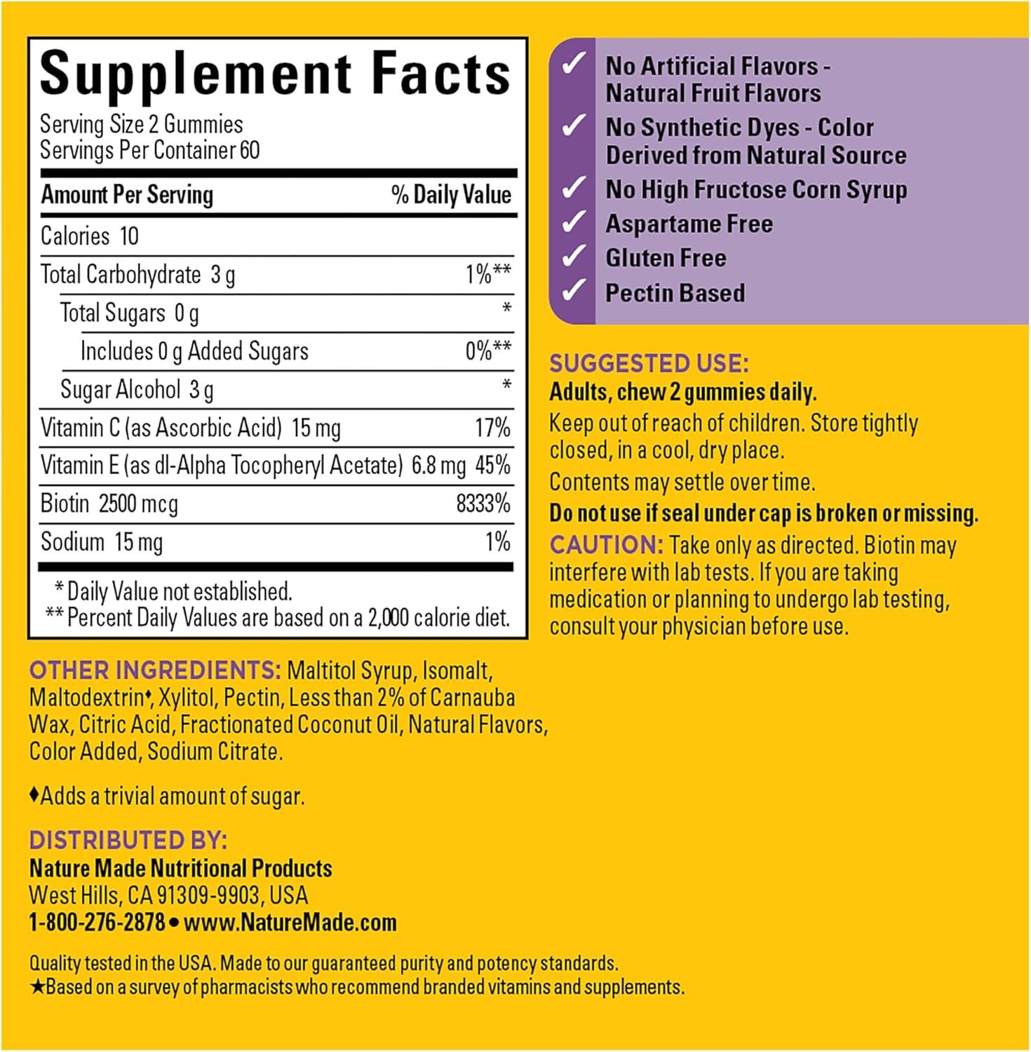 imageNature Made Zero Sugar Hair Skin Nails Gummies Biotin 2500 mcg per Serving 120 Sugar Free Gummies 60 Day Supply120 Count Pack of 1