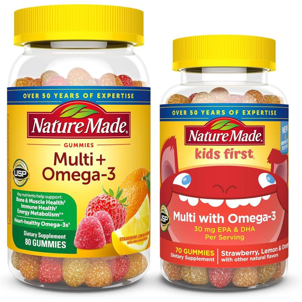 imageNature Made Adult amp Kids Multivitamin Gummies Combo Pack Multis with Vitamin C Vitamin D3 B Vitamins Zinc Omega 3 Fish Oil amp More Two Multivitamin Bottles for Whole Family