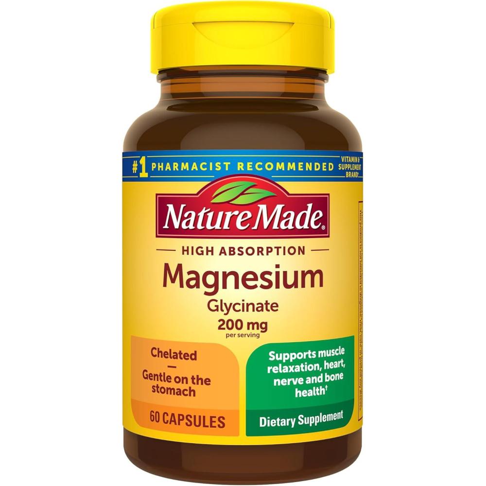 imageNature Made Magnesium Glycinate 200 mg per Serving Magnesium Supplement for Muscle Heart Nerve and Bone Support 60 Magnesium Bisglycinate Capsules 30 Day Supply60 Count Pack of 1
