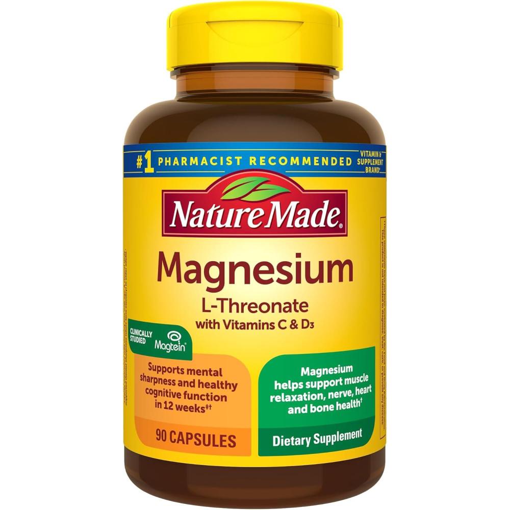 imageNature Made Magnesium LThreonate with Vitamin C amp Vitamin D3 Provides 130 mg of Mag from 1800 mg Magnesium L Threonate Cognitive Support Magnesium Supplement 90 Capsules 30 Day Supply90 Count Pack of 1