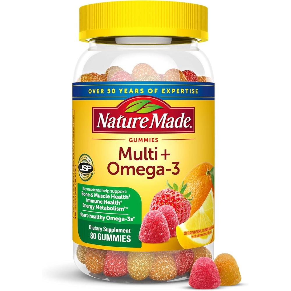 imageNature Made Multivitamin  Omega3 Multivitamin Gummies for Women and Men Daily Nutritional Support 140 Adult Gummy Vitamins amp Minerals 70 Day SupplyStrawberry  Orange  Lemon