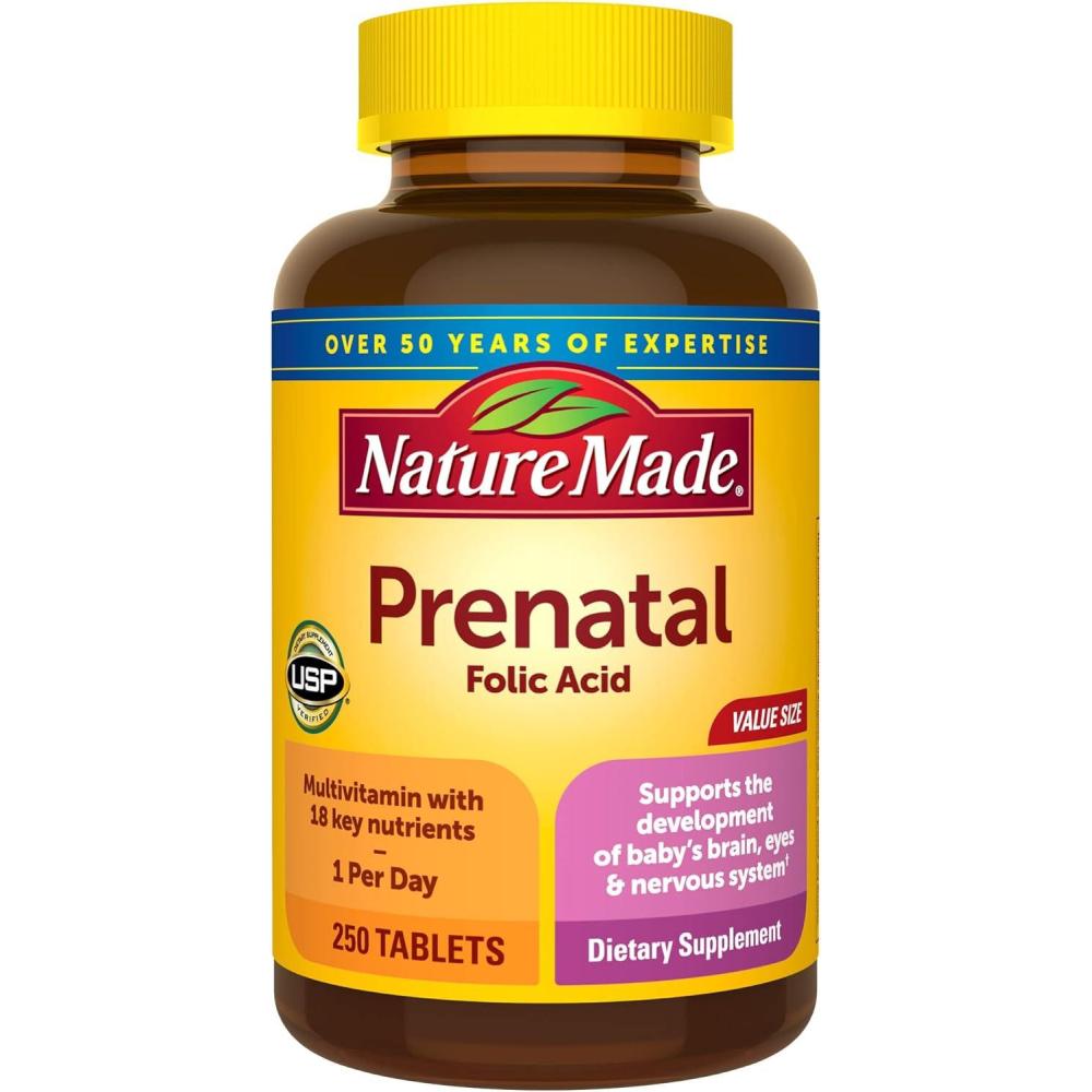 imageNature Made Prenatal Multivitamin with Folic Acid Prenatal Vitamin and Mineral Supplement for Daily Nutritional Support 250 Tablets 250 Day Supply250 Count Pack of 1