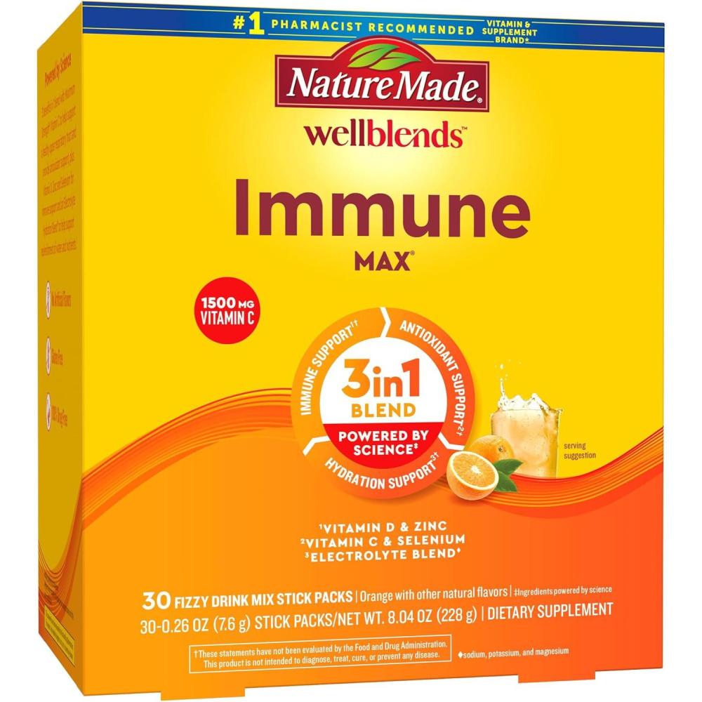 imageNature Made Wellblends ImmuneMAX Fizzy Drink Mix Vitamin C 1500mg Zinc 15 mg Vitamin D3 1000 IU 25 mcg plus B Vitamins and Electrolytes Hydration Blend 30 Stick Packs