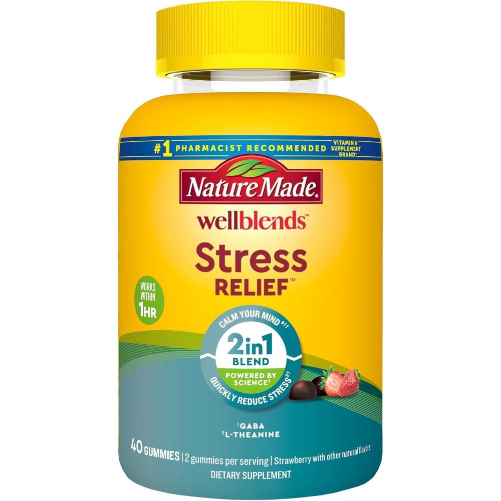 imageNature Made Wellblends Stress Relief Gummies L theanine 200mg to Help Reduce Stress with GABA 100mg Same Day Stress Support 40 Strawberry Flavor Gummies40 Count Pack of 1