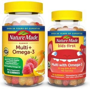 Nature Made Adult & Kids Multivitamin Gummies Combo Pack, Multis with Vitamin C, Vitamin D3, B Vitamins, Zinc, Omega 3 Fish Oil & More, Two Multivitamin Bottles for Whole Family