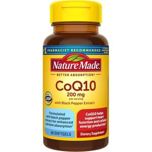 Nature Made CoQ10 200mg per Serving with Black Pepper Extract for Enhanced Nutrient Absorption, CoQ10 Supplement for Heart Health Support, 60 Softgels, 30 Day Supply