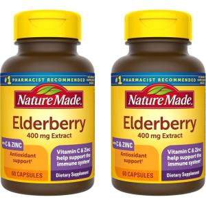 Nature Made Elderberry, Vitamin C and Zinc Capsules, 400 mg Elderberry Extract, Dietary Supplement for Immune Support, 60 Capsules, 60 Day Supply(60 Count (Pack of 2))