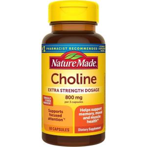 Nature Made Extra Strength Dosage Choline Supplements 800 Mg Per 3 Capsules, Brain Health, Mood, Muscle & Liver Support, Vegetarian, 60 Capsules, 20 Day Supply