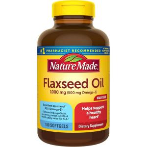 Nature Made Flaxseed Oil 1000 mg, Fish Free Omega 3 Supplement, Dietary Supplement for Heart Health Support, 180 Softgels, 180 Day Supply(180 Count (Pack of 1))