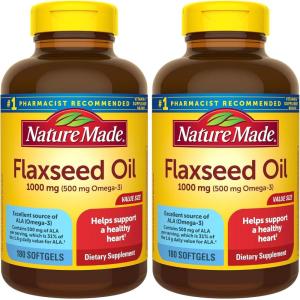 Nature Made Flaxseed Oil 1000 mg, Fish Free Omega 3 Supplement, Dietary Supplement for Heart Health Support, 180 Softgels, 180 Day Supply(180 Count (Pack of 2))