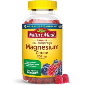 Nature Made High Absorption Magnesium Citrate 200 mg per serving, Magnesium Supplement for Muscle, Nerve, Bone and Heart Support, 60 Magnesium Gummies, 30 Day Supply(Mixed Berry)