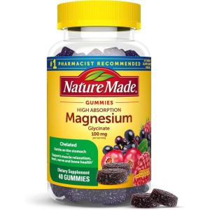 Nature Made High Absorption Magnesium Glycinate Gummies 100 mg per Serving, Muscle, Nerve, Bone and Heart Support, Magnesium Supplement, 40 Magnesium Gummies, 20 Day Supply