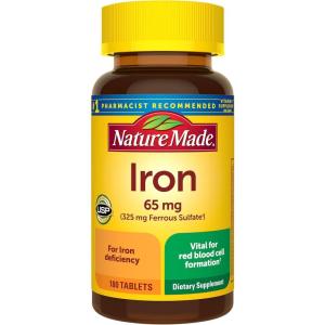Nature Made Iron 65 mg (325 mg Ferrous Sulfate) Tablets, Iron Supplements, Dietary Supplement for Red Blood Cell Support, 180 Tablets, 180 Day Supply(Unflavored)