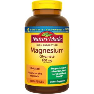Nature Made Magnesium Glycinate 200 mg per Serving, Magnesium Supplement for Muscle, Heart, Nerve and Bone Support, 60 Magnesium Bisglycinate Capsules, 30 Day Supply(180 Count (Pack of 1))