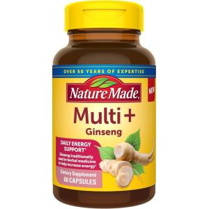 Nature Made Multi + Ginseng, Multivitamin for Women and Men, Daily Energy Multivitamin for Men and Women, One Per Day Men and Womens Vitamins, 60 Capsules, Yellow(60 Count (Pack of 1))