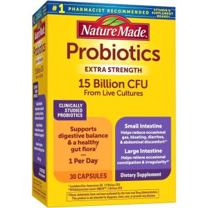 Nature Made Probiotics for Digestive Health Extra Strength 15 Billion CFU from Live Cultures, Probiotics for Women and Men, 30 Probiotic Capsules, 30 Day Supply(Unflavored)