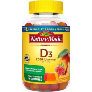 Nature Made Vitamin D3 2000 IU Per Serving Gummies, Bone, Teeth, Muscle and Immune Health Support, 45 Day Supply, 90 Vitamin D Gummies for Adults(Strawberry  Peach  Mango)