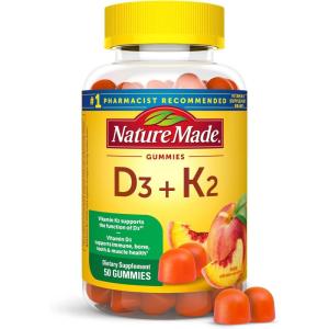 Nature Made Vitamin D3 K2 Gummies, Vitamin D 5000 IU Per Serving for Bone, Teeth, Muscle and Immune Support, 50 Gummy Vitamins, 25 Day Supply