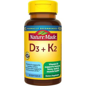 Nature Made Vitamin D3 K2 Supplement, 5000 IU (125 mcg) Vitamin D for Bone, Teeth, Muscle and Immune Support, 30 D3 and K2 Softgels, 30 Day Supply(Unflavored)
