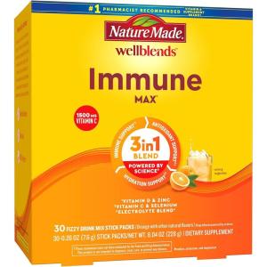 Nature Made Wellblends ImmuneMAX Fizzy Drink Mix, Vitamin C 1500mg, Zinc 15 mg, Vitamin D3 1000 IU (25 mcg), plus B Vitamins and Electrolytes Hydration Blend, 30 Stick Packs