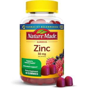 Nature Made Zinc Supplements 30 mg Per Serving, Dietary Supplement for Immune Health and Antioxidant Support, 60 Zinc Gummies, 30 Day Supply(60 Count (Pack of 1))