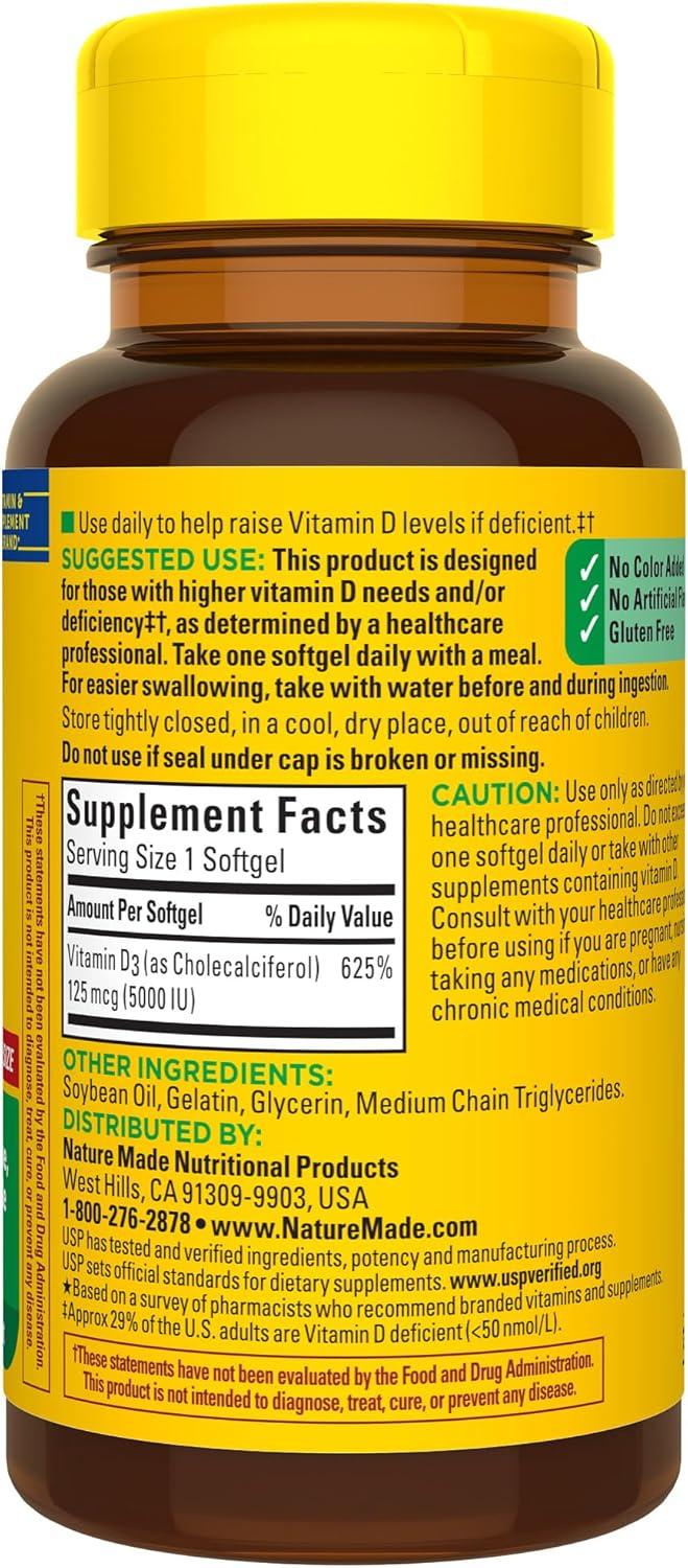 imageNature Made Vitamin D3 5000 IU 125 mcg Softgels Extra Strength Vitamin D Supplement for Bone and Immune Health Support 180 Count 180 Day Supply180 Count Pack of 1
