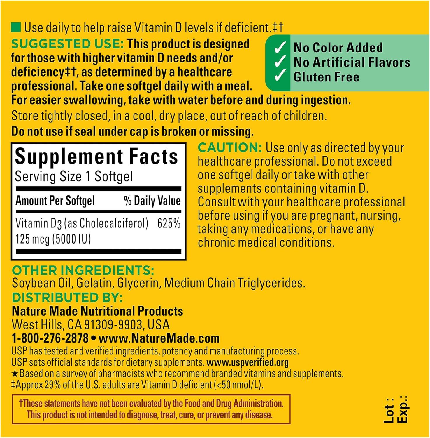 imageNature Made Vitamin D3 5000 IU 125 mcg Softgels Extra Strength Vitamin D Supplement for Bone and Immune Health Support 180 Count 180 Day Supply180 Count Pack of 1