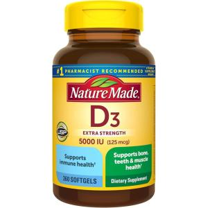 Nature Made Vitamin D3 5000 IU (125 mcg) Softgels, Extra Strength Vitamin D Supplement for Bone and Immune Health Support, 180 Count, 180 Day Supply(360 Count (Pack of 1))