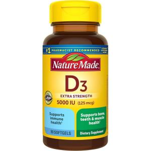 Nature Made Vitamin D3 5000 IU (125 mcg) Softgels, Extra Strength Vitamin D Supplement for Bone and Immune Health Support, 180 Count, 180 Day Supply(90 Count (Pack of 1))