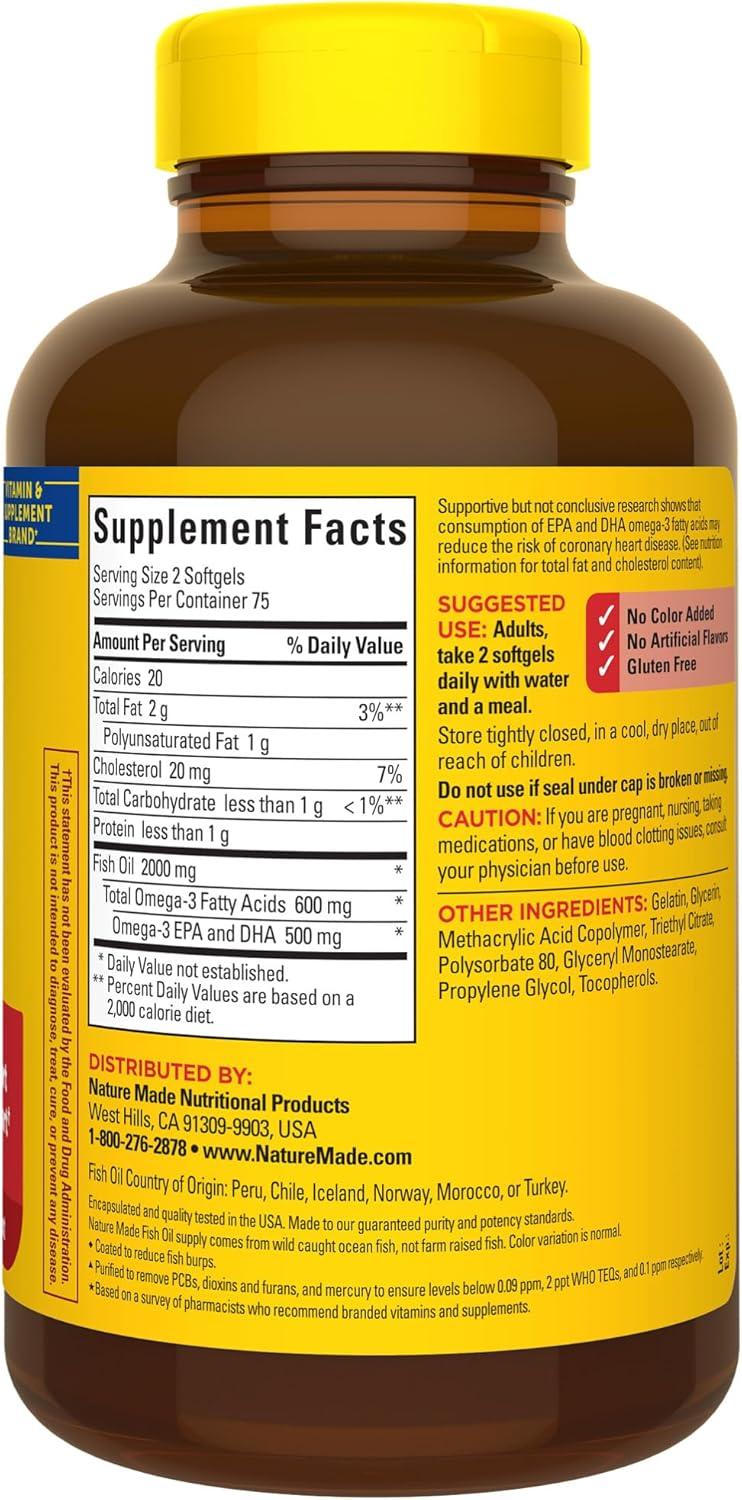 imageNature Made Burp Less Fish Oil Omega 3 Supplements 1000mg Softgels Omega 3 Fish Oil Supplements for Healthy Heart Support 150 Softgels 75 Day Supply150 Count Pack of 1