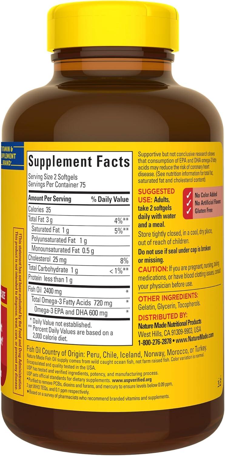 imageNature Made Fish Oil Omega 3 Supplements 1200 mg Softgels Omega 3 Fish Oil for Healthy Heart Support 150 Softgels 75 Day SupplyUnflavored